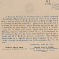 Donación de documentos por parte de Darío Quiroga, 1949
